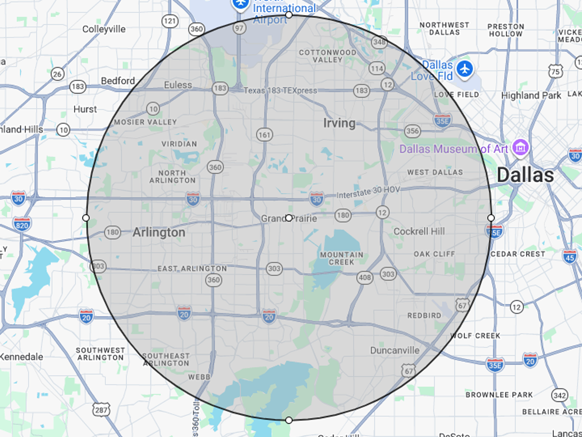 Service area map showing plumbing coverage around Grand Prairie Texas