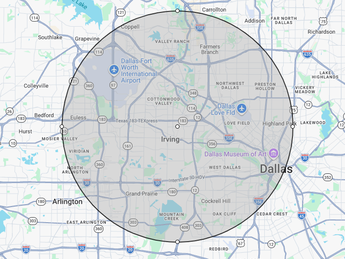 Service area map showing plumbing coverage around Irving Texas